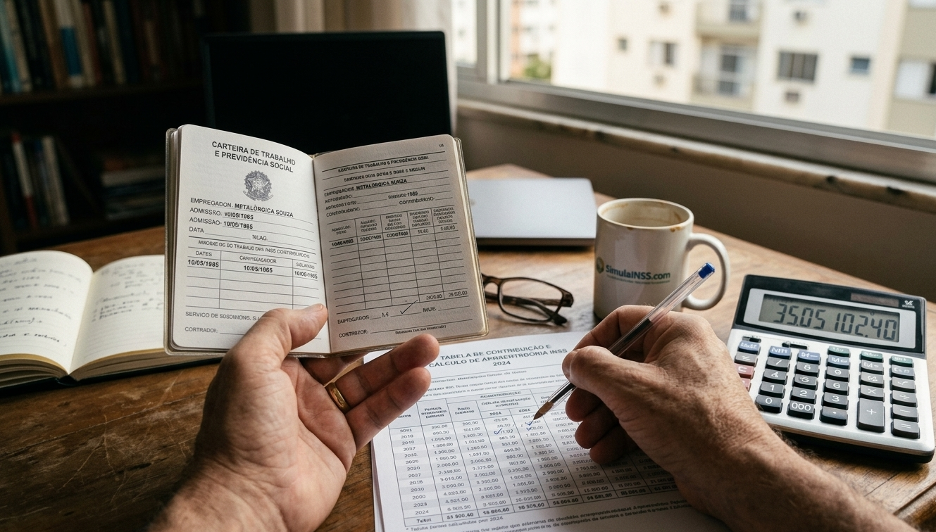 Pessoa fazendo planejamento previdenciário com calculadora e documentos